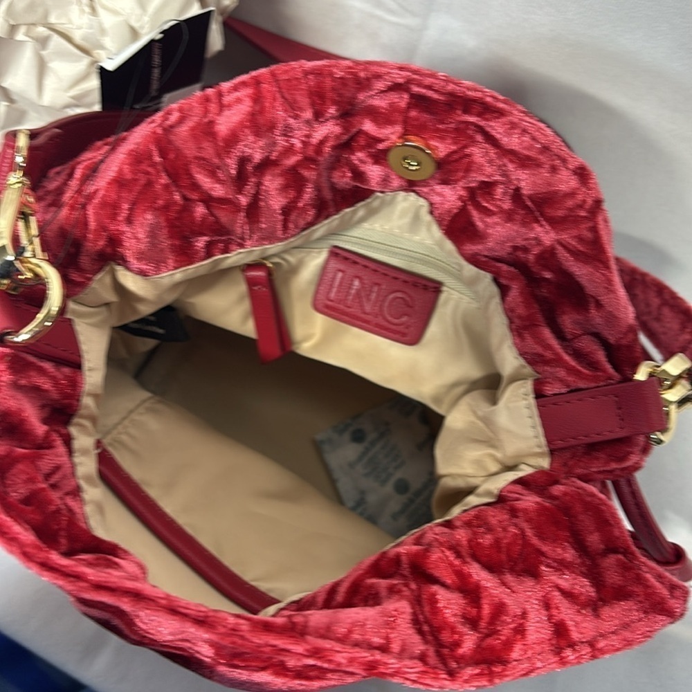 INC. Meliss Red Pepper and gold velvet cinch cross body or adjustable purse - Picture 9 of 16